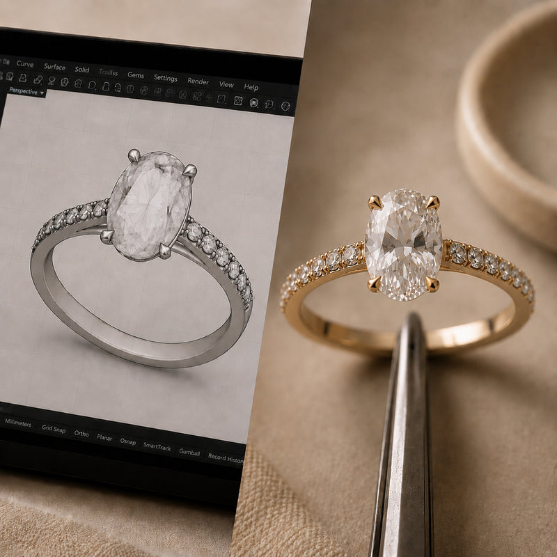 CAD Design Ovaler Diamantring mit Babyclaws und Pave Diamanten by ILIKOEZ
